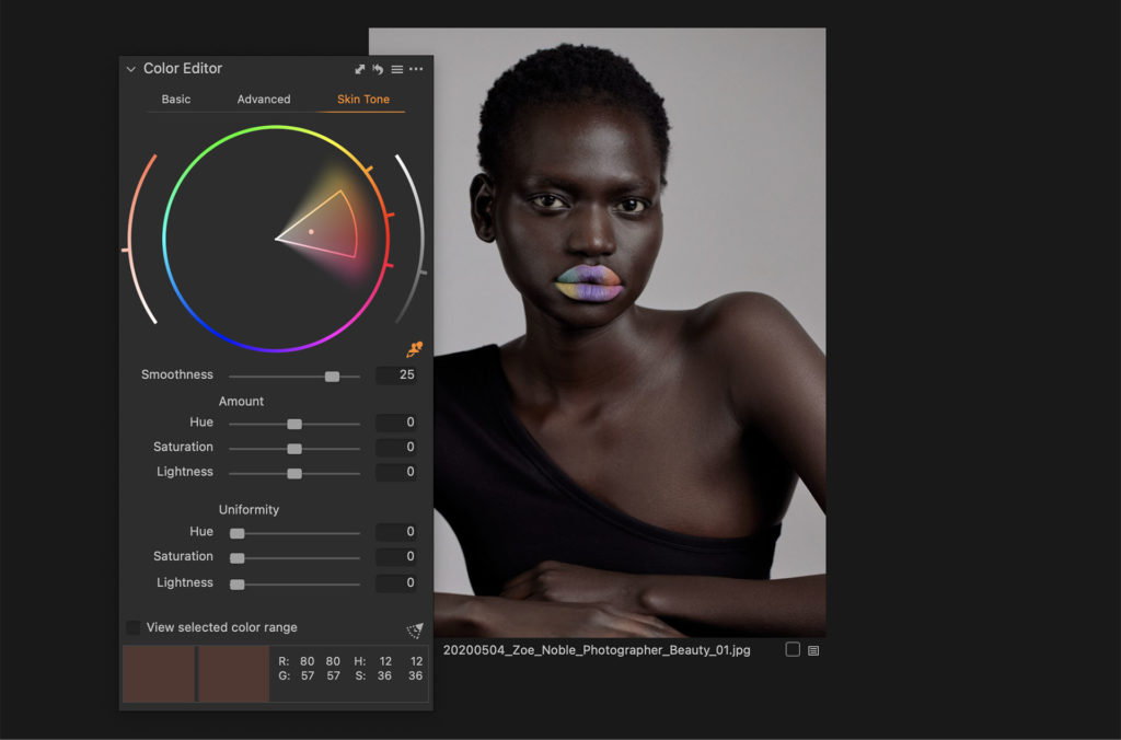 Skin tone editor inside Capture One Pro. Zoe likes to match the color grading to the concept of the shoot.