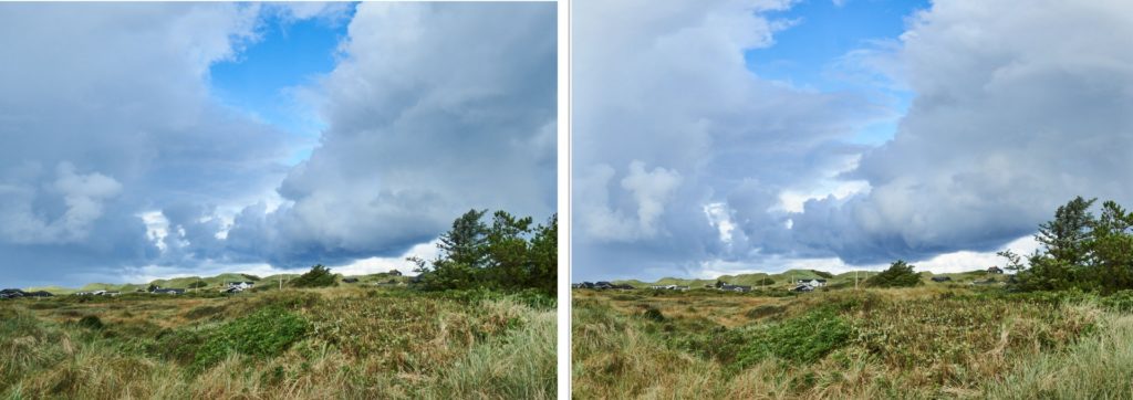 Side by side comparison of single wide-angle image and Panorama stitched image 