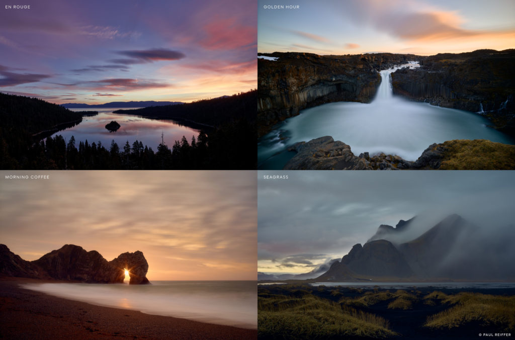 Four landscape images made using the Elevation Styles preset pack