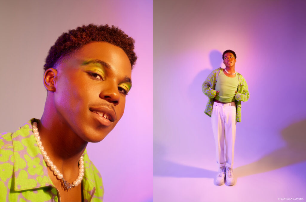 Centering people of color in her work, Daniella Almona works to promote blackness in all its forms. In the photo: Black model wearing a green shirt and white pants in front of a purple backdrop. Photos edited in Capture One 23. 