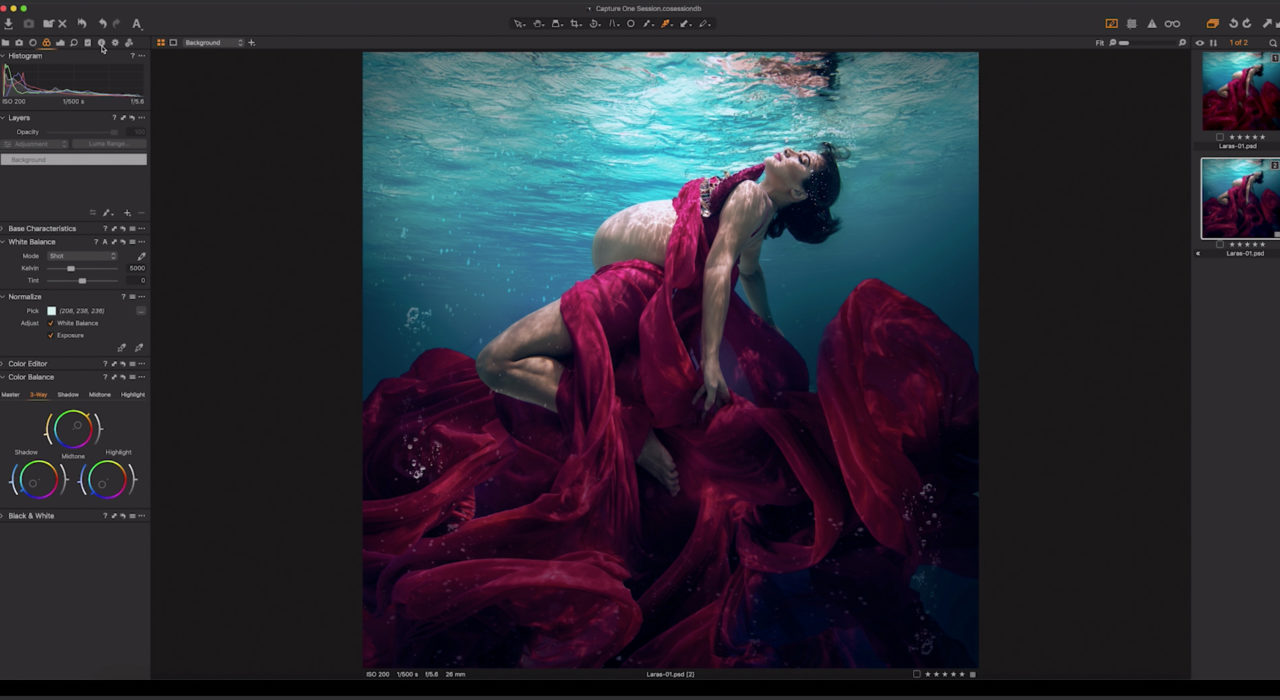 Capture One raw photo editor blogpost Martha suherman underwater portraits woman under water wearing floaty gown screenshot color editor