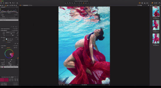 Capture One raw photo editor blogpost Martha suherman underwater portraits woman under water wearing floaty gown capture one interface color editing