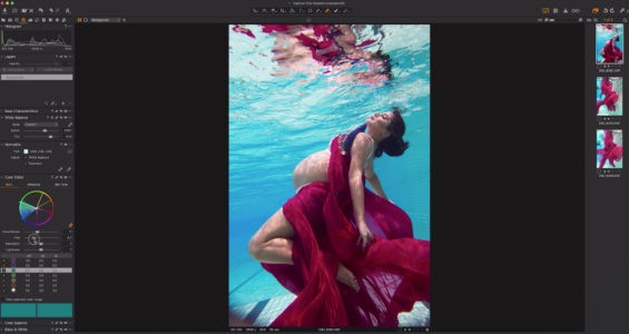 Capture One raw photo editor blogpost Martha suherman underwater portraits woman under water wearing floaty gown capture one screenshot color editing