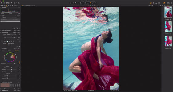 Capture One raw photo editor blogpost Martha suherman underwater portraits woman under water wearing floaty gown capture one interface color editing