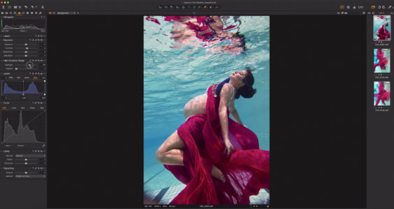 Capture One raw photo editor blogpost Martha suherman underwater portraits woman under water with red flowing fabric screenshot capture one interface: highlight shadow