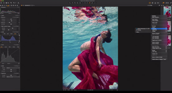 Capture One raw photo editor blogpost Martha superman underwater portraits slider image woman under water with red flowing fabric screenshot capture one interface: edit with - using psd files