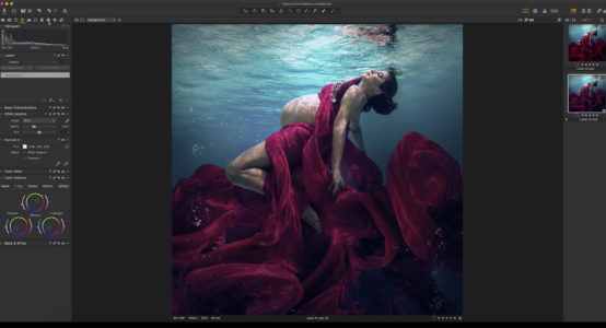 Capture One raw photo editor blogpost Martha superman underwater portraits slider image woman under water with red flowing fabric screenshot capture one interface: color balance