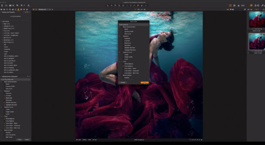 Capture One raw photo editor blogpost Martha suherman underwater portraits woman under water with red flowing fabric screenshot capture one interface: saving a style