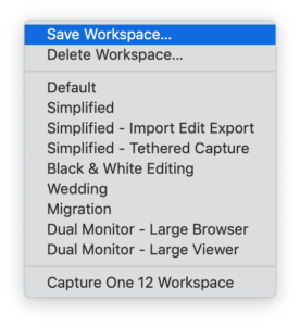 Capture One RAW photo editor step by step guide to switching from lightroom blogpost-save workspace menu in Capture One 20