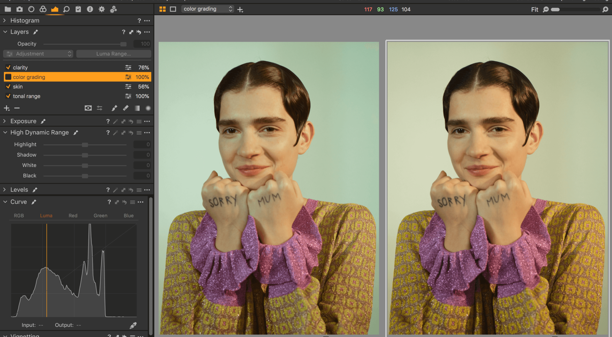 Left – After, Right – Before the color grading, see the layer on the ...