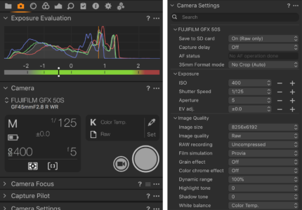 Capture One RAW photo editor studio workflow blogpost Kristina Varaksina software interface showing Exposure evaluation and camera settings tools