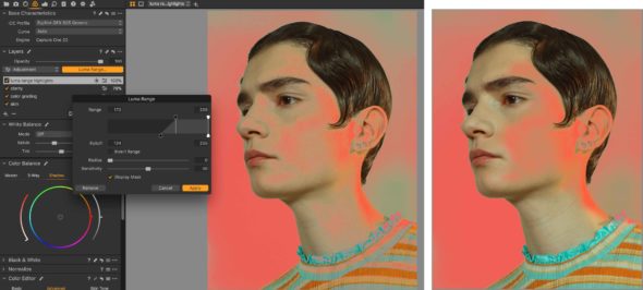 Capture One RAW photo editor studio workflow blogpost Kristina Varaksina software interface showing Luma Range before and after