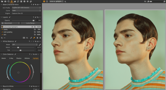 Capture One RAW photo editor studio workflow blogpost Kristina Varaksina software interface showing before and after example of Luma Range highlights tool