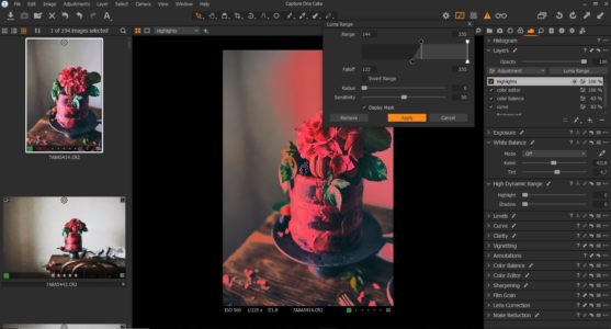 Raw image editing software capture one overview of adjustments applied to image