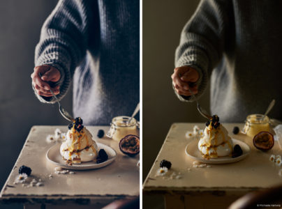 michaela hartwig food photographer tips on styling food for photo shoot using capture one pro raw image editor before and after using color grading tools decorating meringue