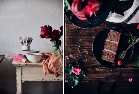 Michaela Hartwig food photographer tips on how to style food photography using capture one pro raw photo editor props on a table plus a styled photo of cake slice