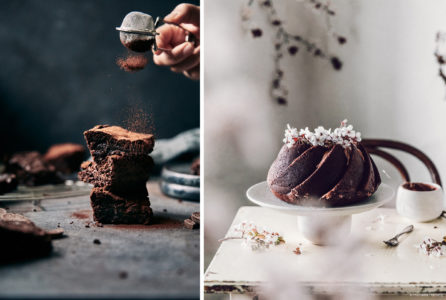 michaela hartwig food photographer tips on styling food for photo shoot using capture one pro raw image editor brownies piled up being dusted with cocao and chocolate cake decorated with real flowers